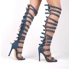 Denim Buckle Stiletto Boot Sandals