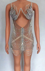 Diamond Tassel Fringe Mesh Dress
