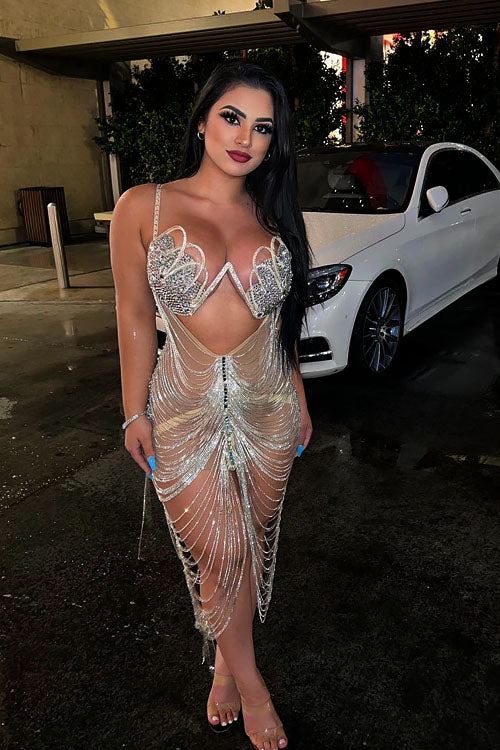 Diamond Tassel Fringe Mesh Dress