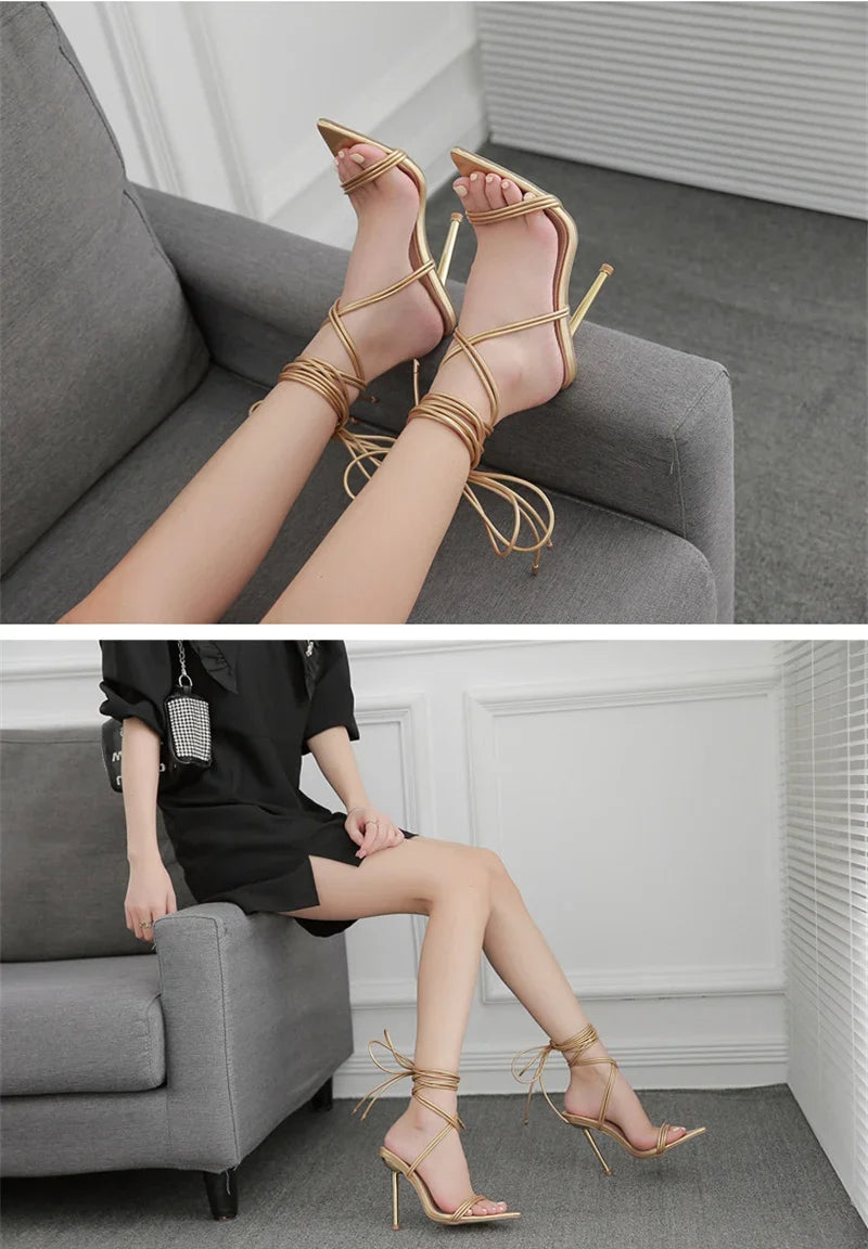 Gladiator Pointed Toe Lace-Up Stiletto Heels