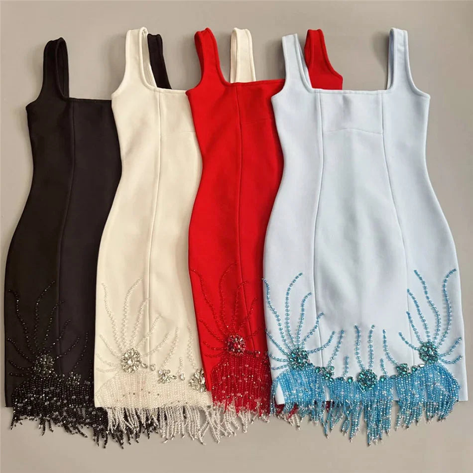 Crystal Embellished Fringe Bandage Mini Dress