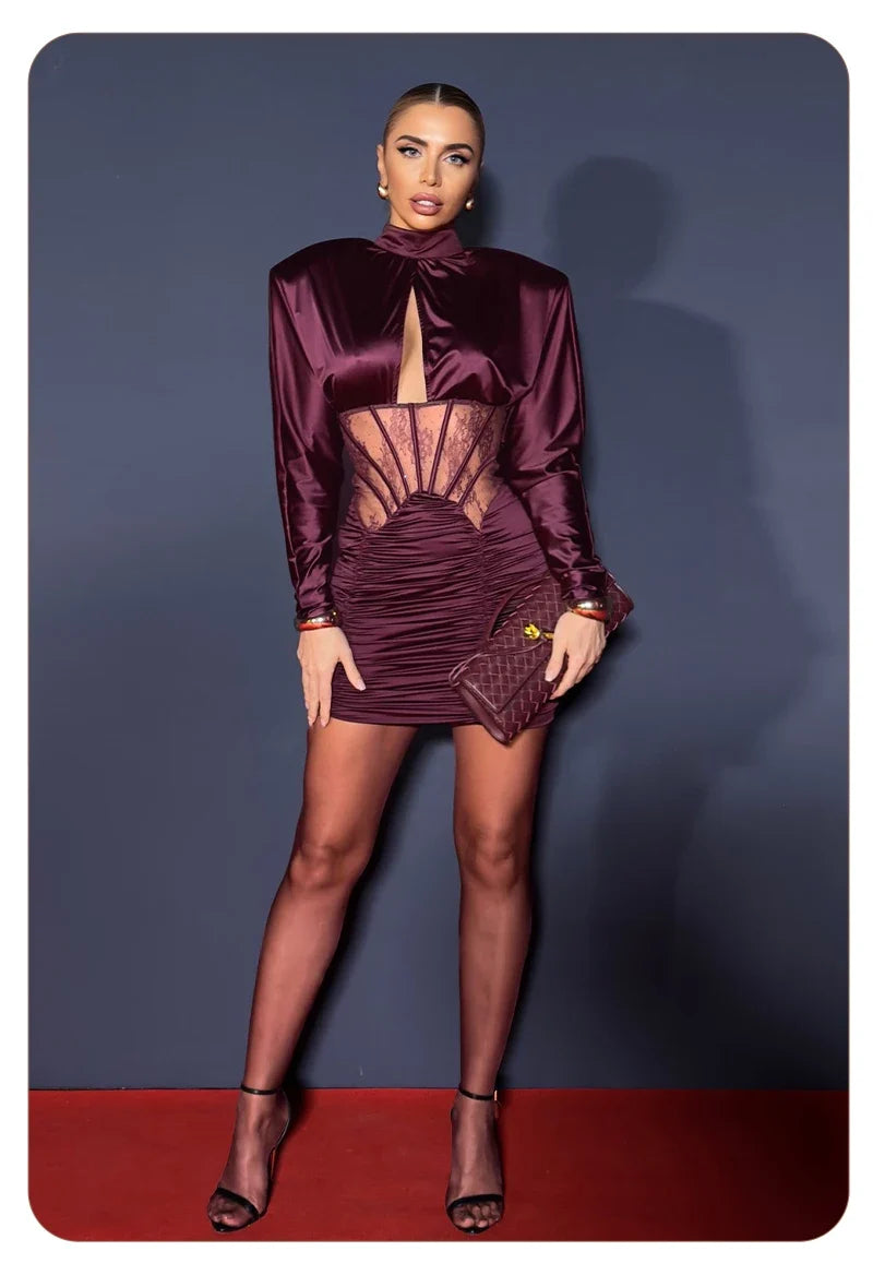 Burgundy Satin Corset Ruched Dress