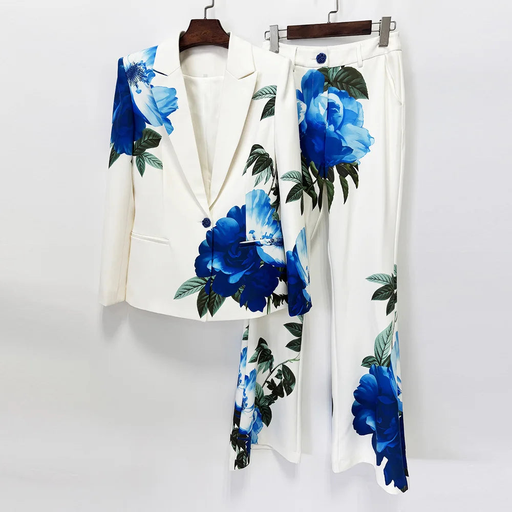 Flower Print Blazer Pants Set