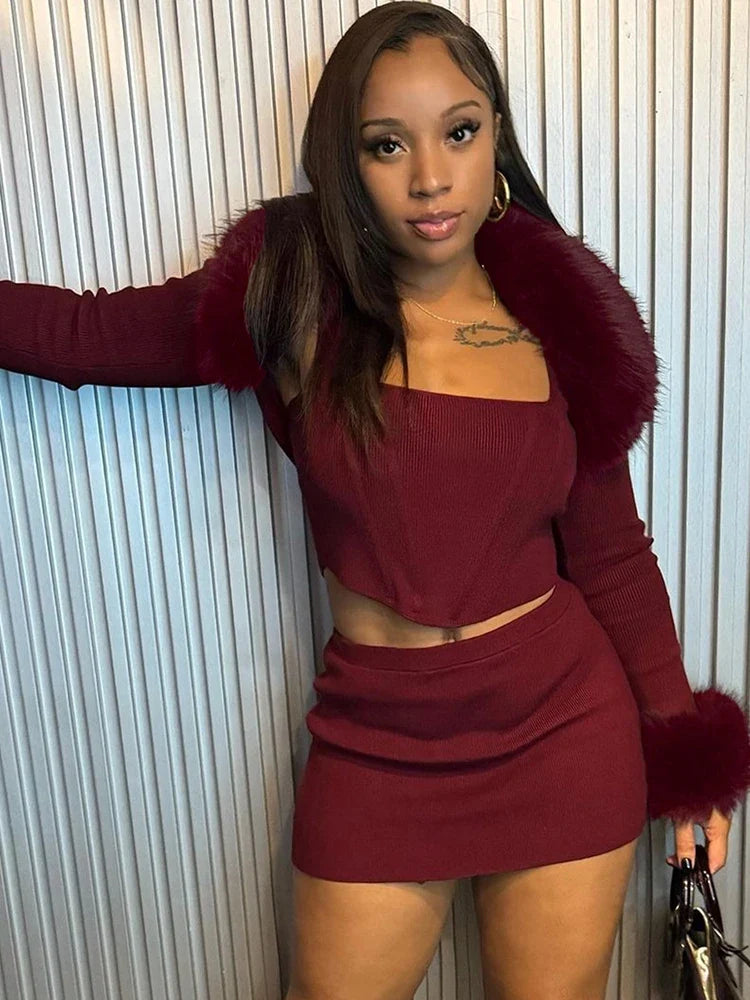 Fur Shawl Top Skirt Set