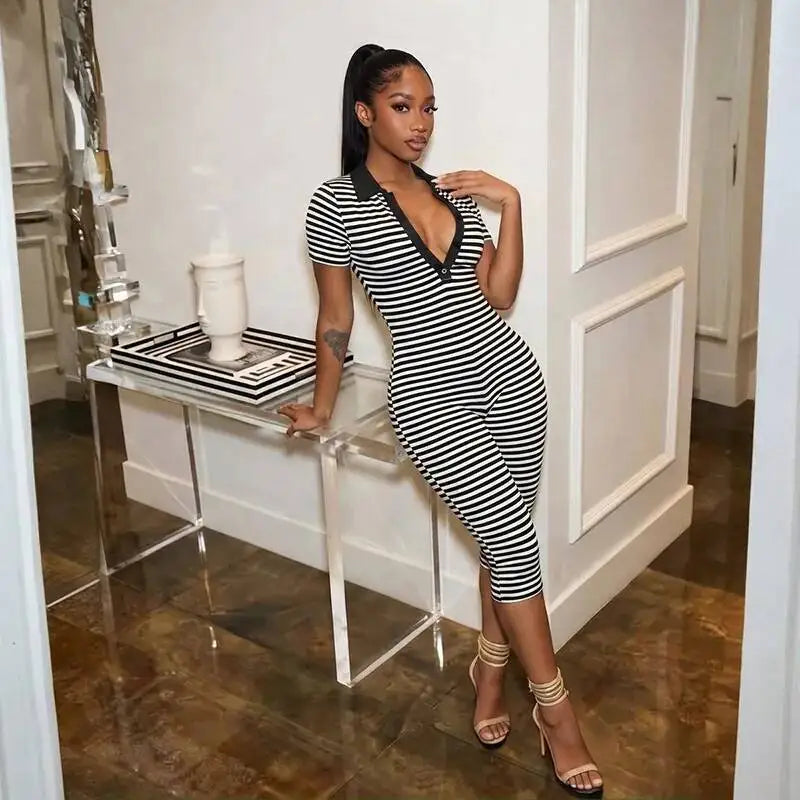 Deep V-Neck Striped Romper