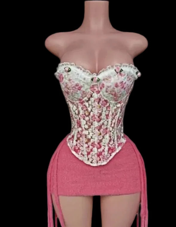 Floral Embroidery Corset Skirt Set