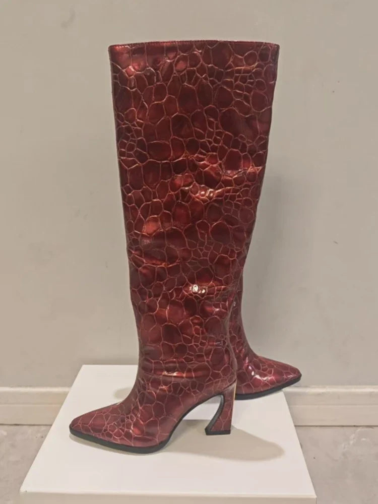 Crocodile Chunky Heel Boots