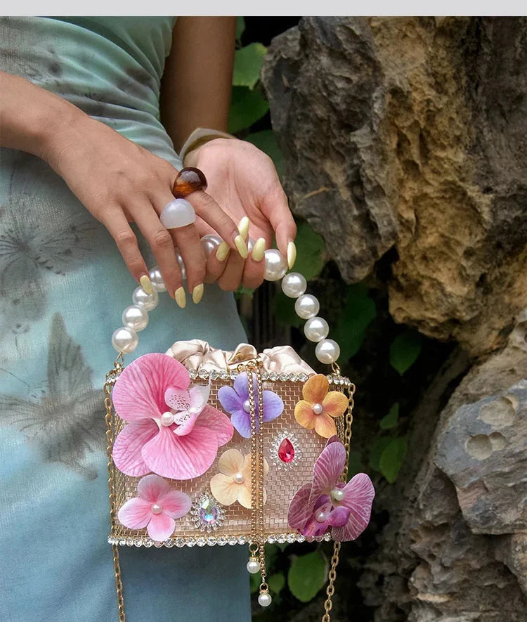 Flower Beaded Bucket Handbag