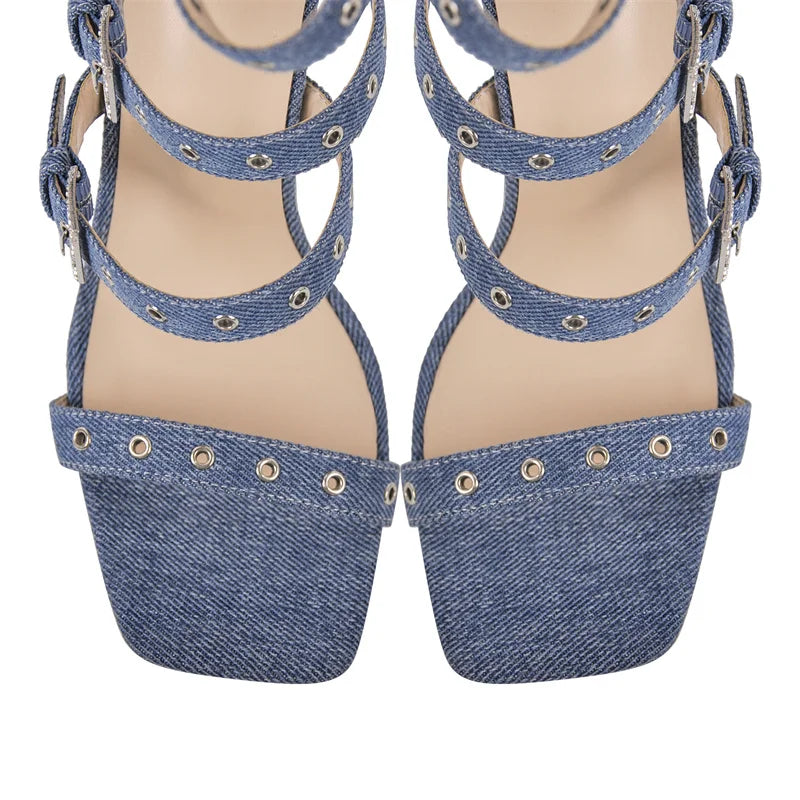 Denim Buckle Stiletto Boot Sandals