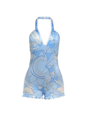 Blue Plaid Ruffles Romper