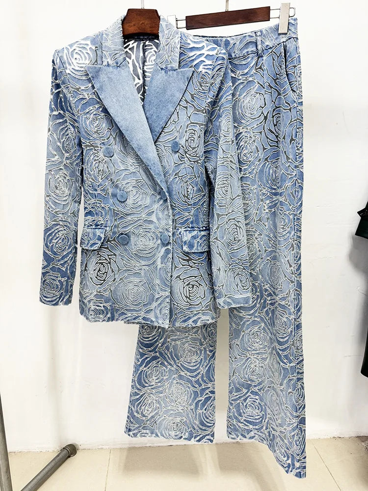 Blue Denim Blazer Pants Set
