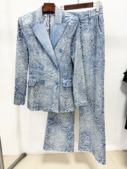 Blue Denim Blazer Pants Set