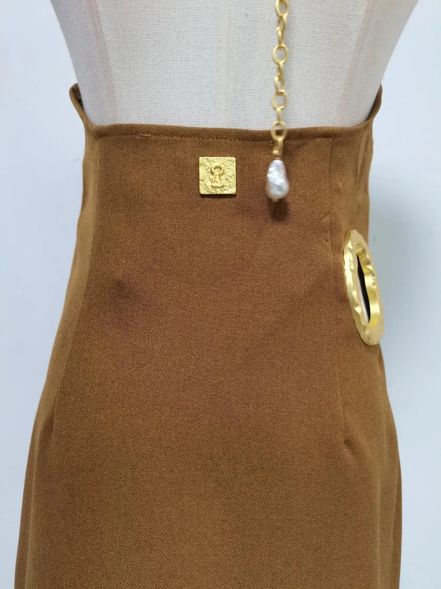 Gold Trim Cutout Knit Maxi Dress
