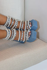 Denim Pearls Chunky High Heel